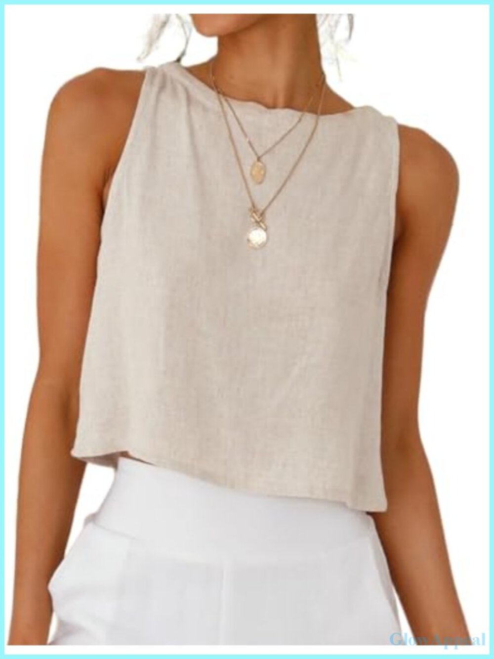 Linen Blend Sleeveless Crop Tank Top High Neck Button Back Casual Summer